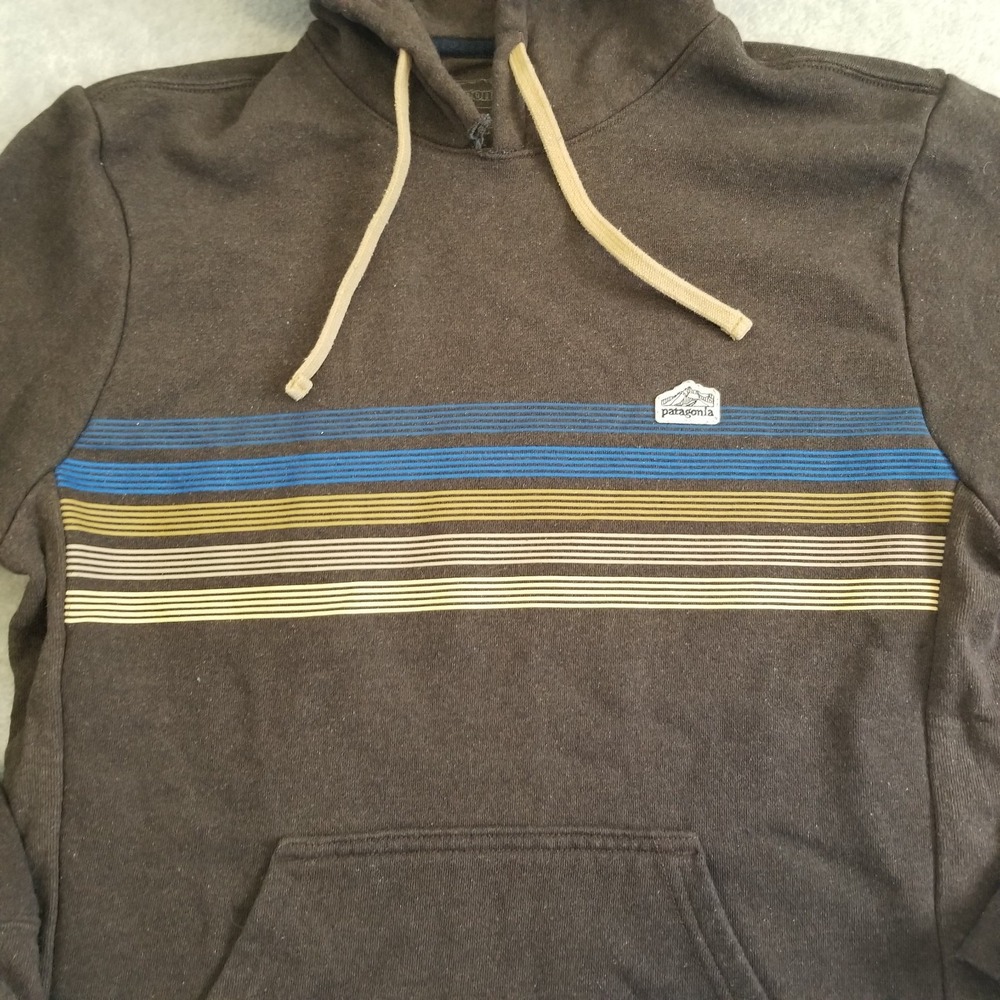 Patagonia Hoodie Mens Small Brown Uprisal Striped Fitz Roy Patch Fleece Outdoor - Picture 3 of 10